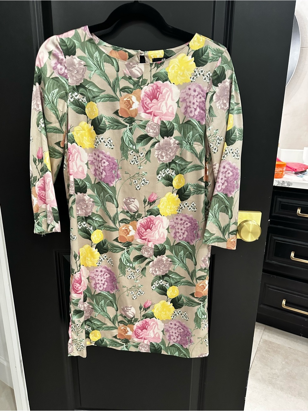 H&M Beige Midi Dress with Pink, Yellow & Purple Floral Print